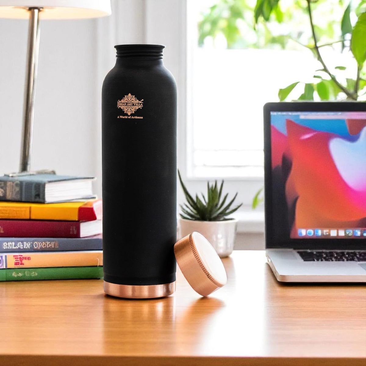 INDIAN ART VILLA Copper Lacquer Coated Black Silk Finish Water Bottle, 900 ML, Copper Drinkware for Daily Use, Office, Gym, Yoga & Travel, Ayurvedic Health Benefits, Gift Item