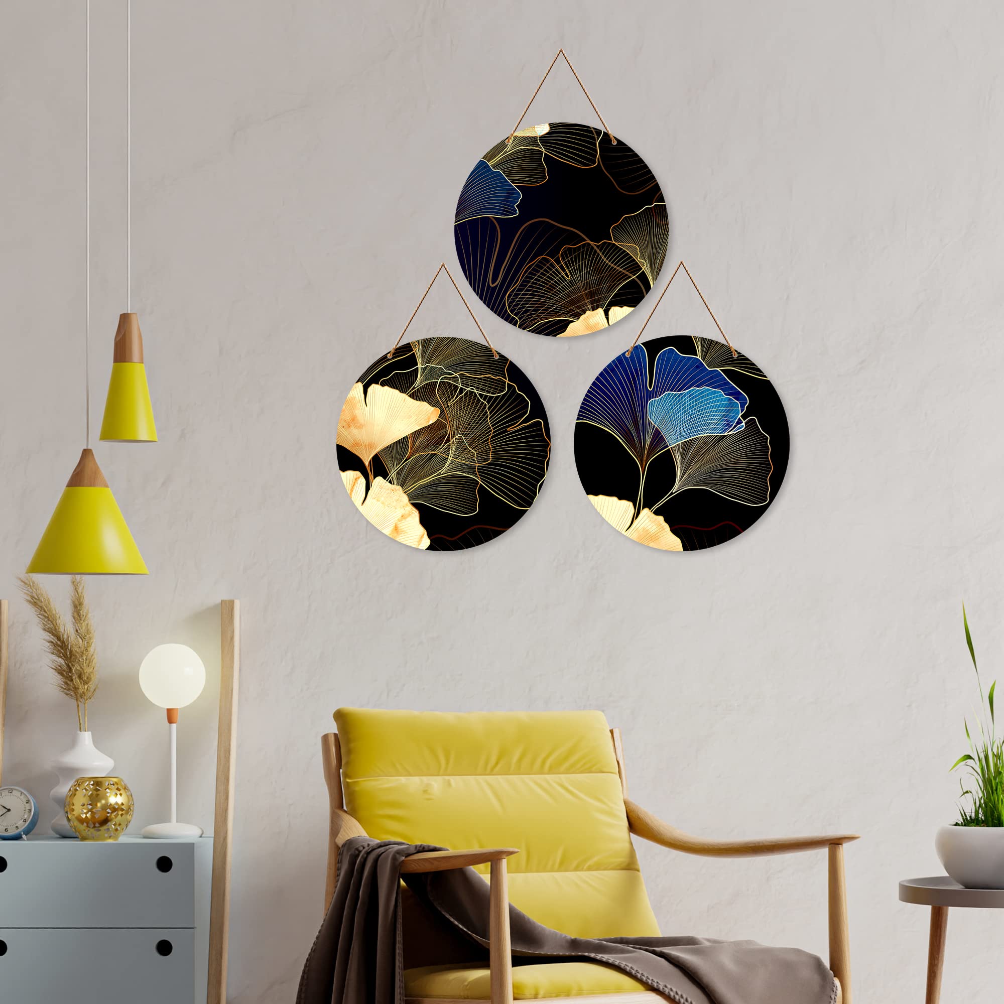 Artvibes Flower Art Round Botanical Decorative Wall Hanging Ornaments | Living Room | Office | Wall Art Painting For Hall | Graphic Artwork | Wall Illustrations | Gift Items (WH_4210N), Set of 3