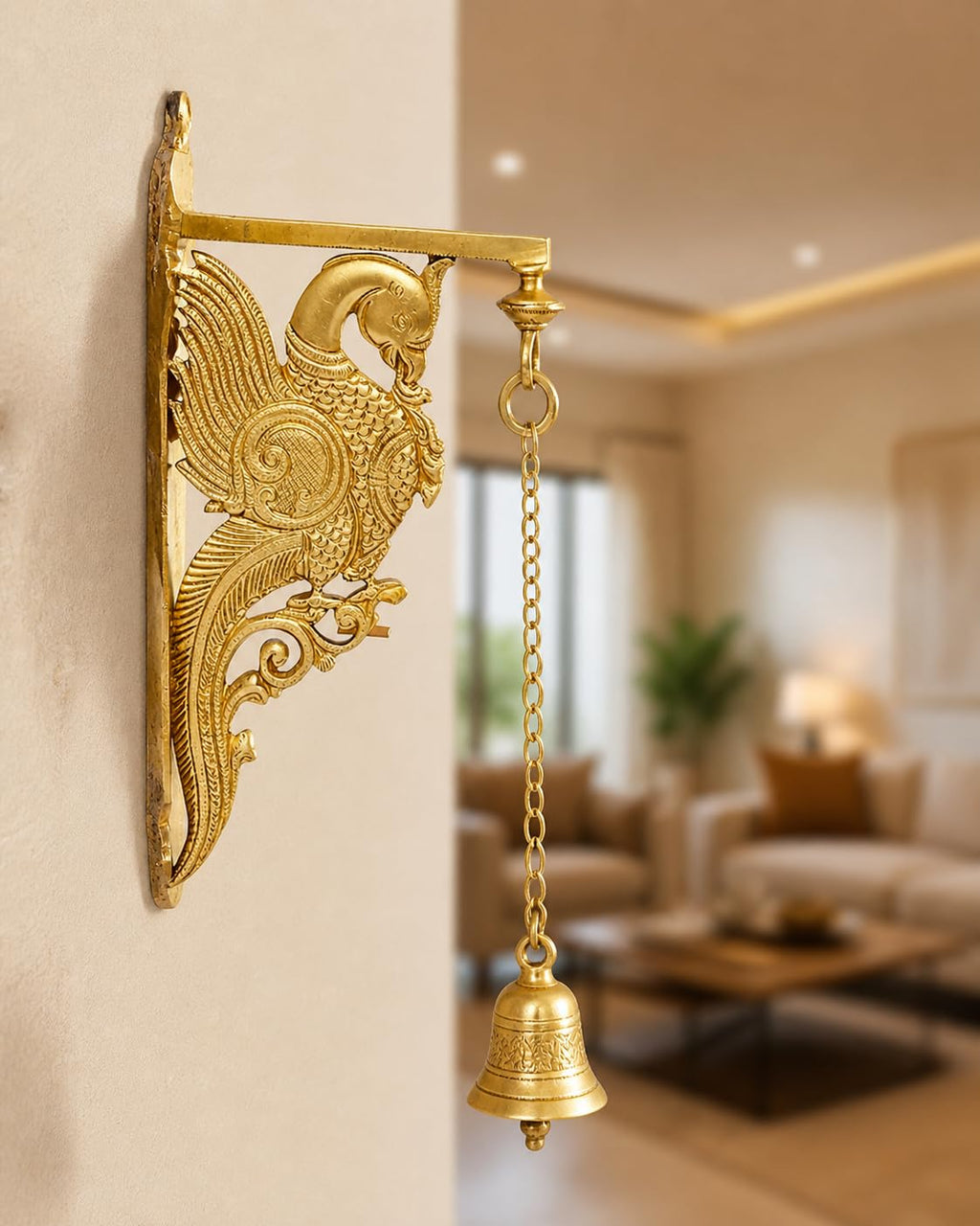 ARTVARKO Pure Brass Traditonal Parrot Design Hook Holder for Wall Lantern Chain Bells Diya Home Decor 12 Inches