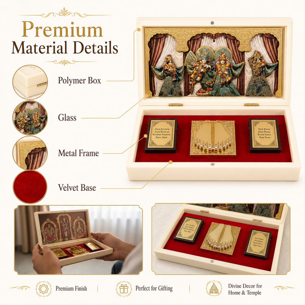Radha Krishna Design Charan Paduka Pocket Temple for Pooja Room, Home Mandir, Car Dashboard & Prayer Space | Pearl & Brown Finish | Spiritual Gift & Housewarming Gift (Pearl, Big)