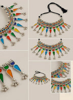 SNEHKRITI Multicolour Oxidised Silver Choker Necklace Set with Earrings, Traditional Tribal Mirror Finish Enamel Jewellery, Handmade Statement Ethnic Necklace for Festive