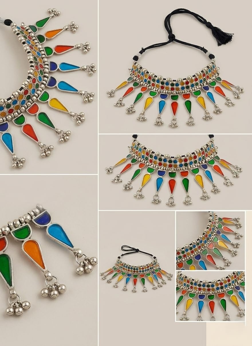 SNEHKRITI Multicolour Oxidised Silver Choker Necklace Set with Earrings, Traditional Tribal Mirror Finish Enamel Jewellery, Handmade Statement Ethnic Necklace for Festive