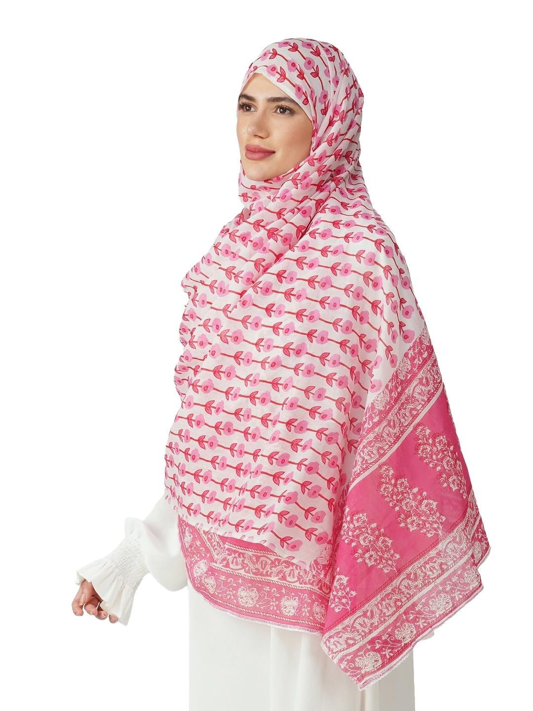 ANAApparels ANA Amal Pink Floral Dupatta | 88 x 43 Inches – Premium Mulmul Cotton | Lace Border | Lightweight, Soft & Breathable