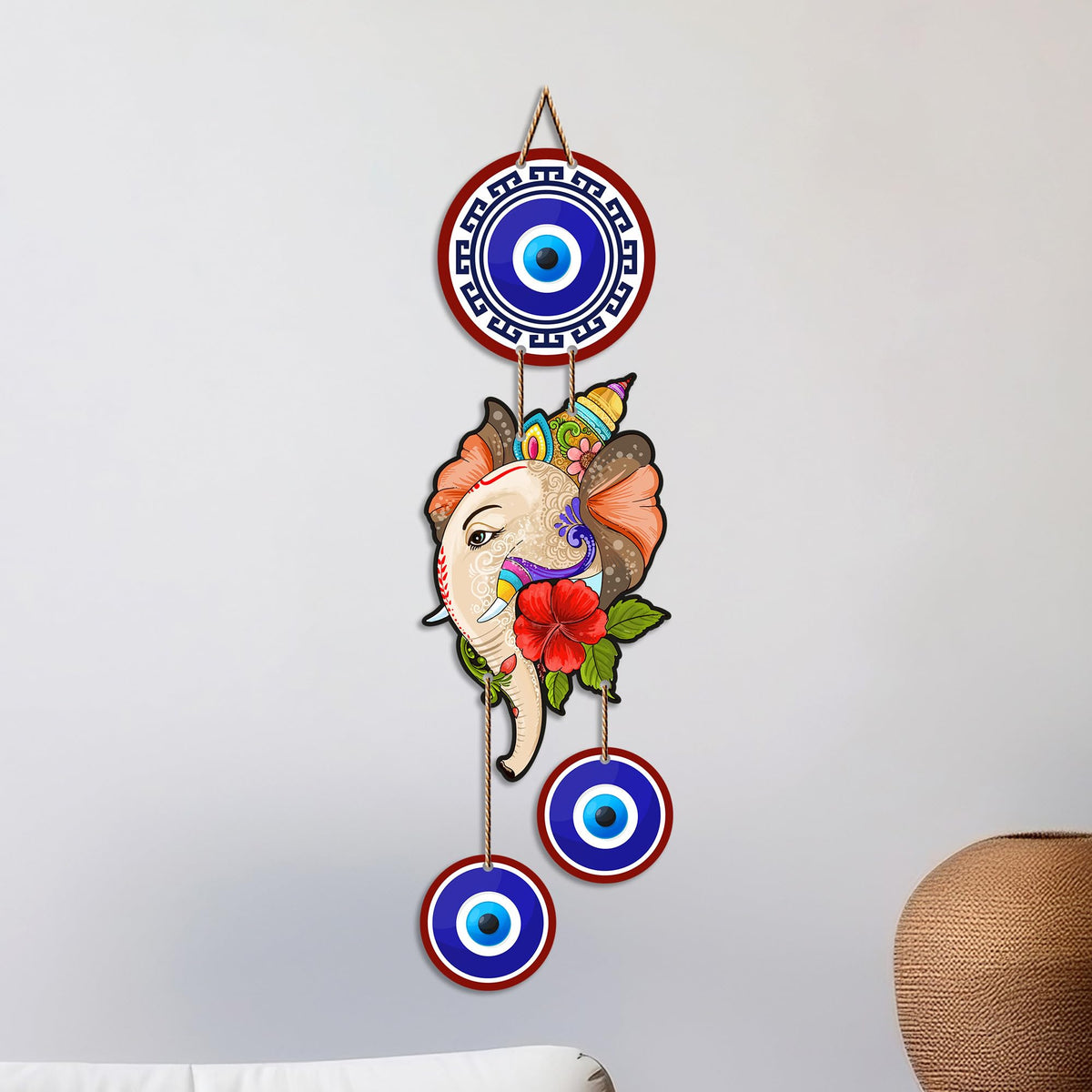 Artvibes Ekdanta Ganesha Evil Eye Wall Hanging for Home Entrance Decor | Nazar Battu Protection Charm for Living Room Bedroom Temple Office | Vastu Positive Energy Lucky MDF Decorative Gift (WH_8566N)