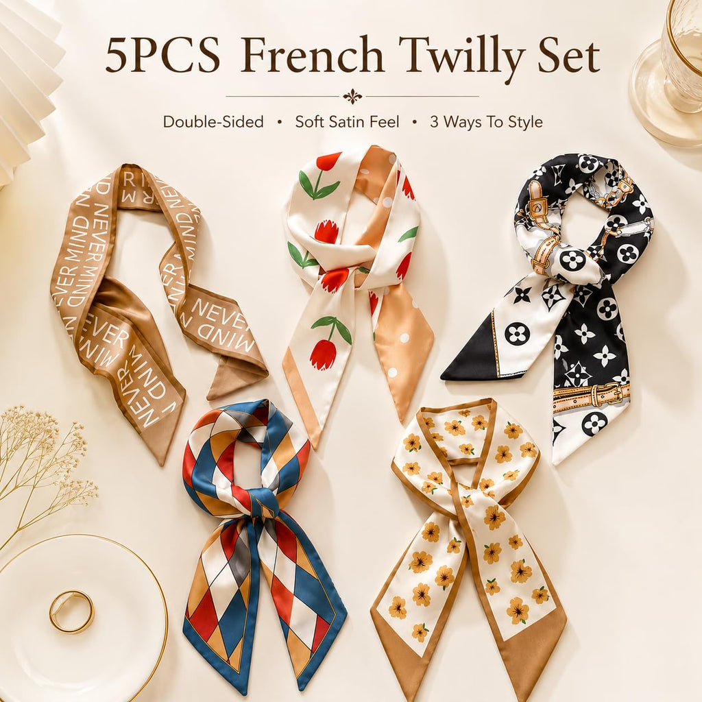 Satmarhz 5 Pcs Satin Hair Scarf for Women, Narrow Long Ribbon Scarf Set