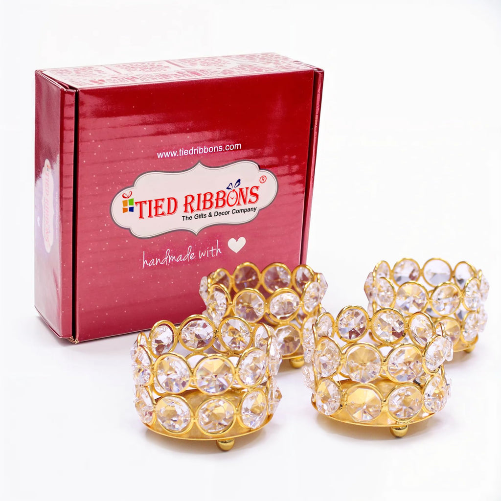 TIED RIBBONS Pack of 4 Crystal Tealight Candle Holder Centerpieces Votive Candle Holders - Decorations Items for Home Dining Table (5.8 cm X 4.3 cm) - Home Décor - Gifts Item