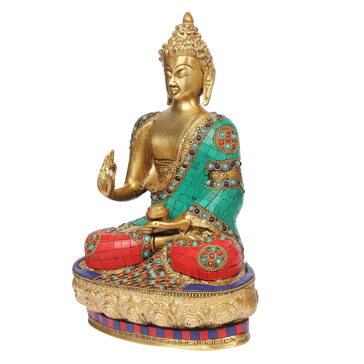 Svarup Brass Gautam Buddha Idol Statue Murti Draped in Stone Embellished Shawl for Home Decoration Blessing Buddha Height 12 Inch Weight 4.8 Kg Color Multicolor