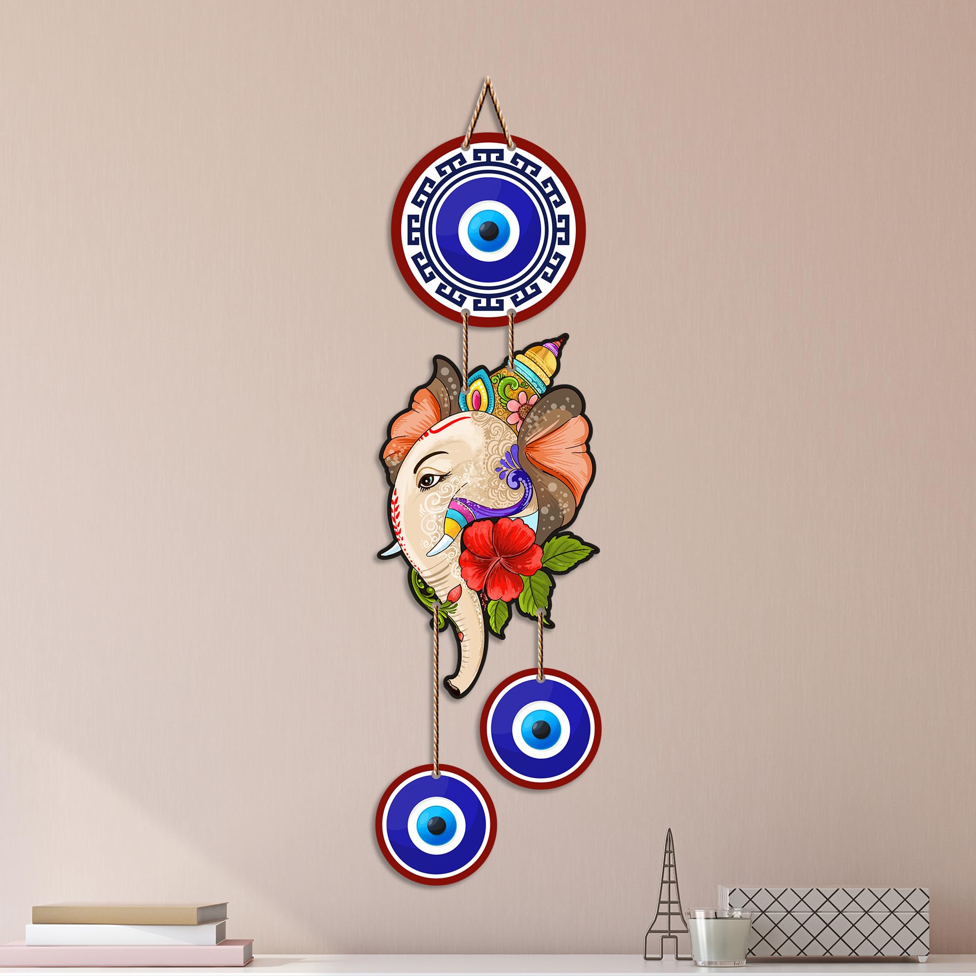Artvibes Ekdanta Ganesha Evil Eye Wall Hanging for Home Entrance Decor | Nazar Battu Protection Charm for Living Room Bedroom Temple Office | Vastu Positive Energy Lucky MDF Decorative Gift (WH_8566N)