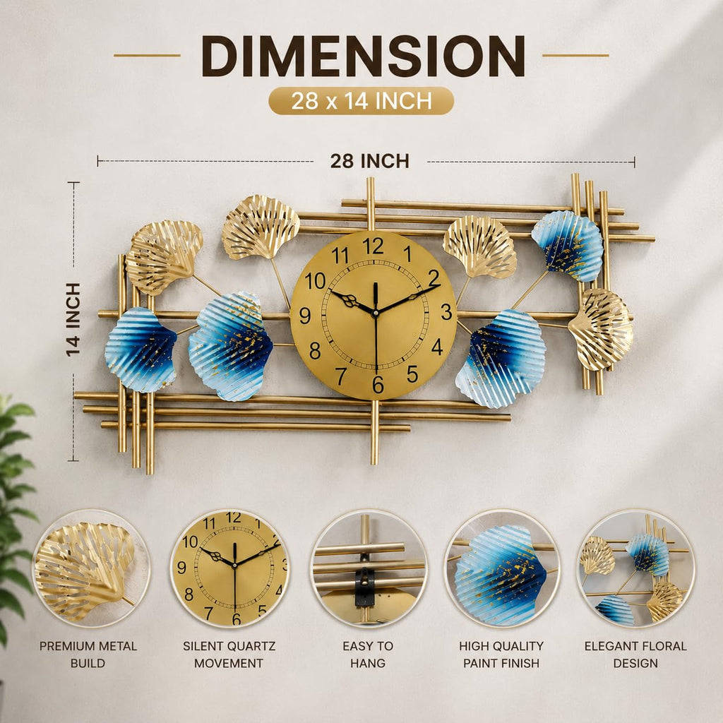 Mahira Artefacts Large Metal Wall Clock with Blue and Gold Leaf Art, Silent Quartz Movement, Modern Luxury Style