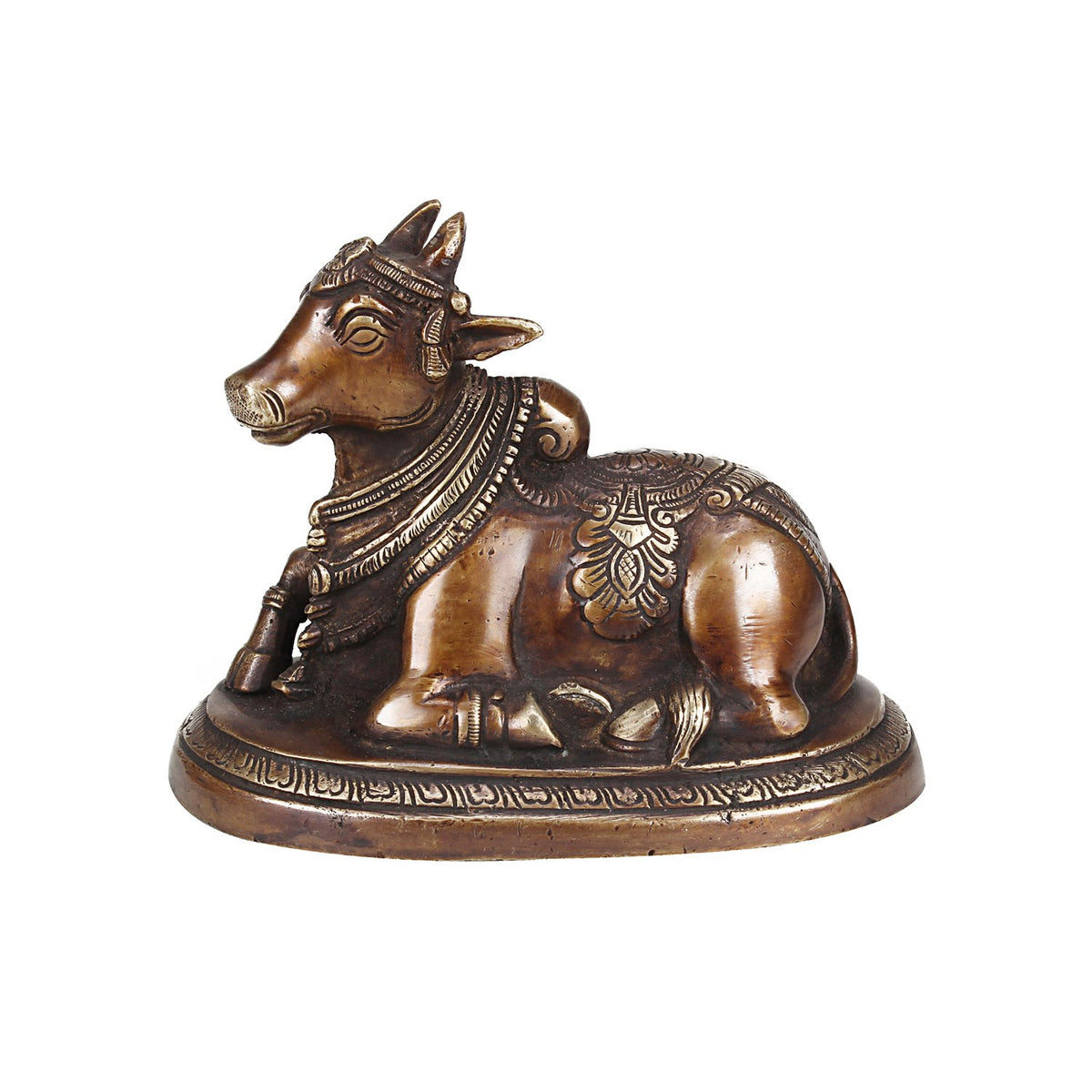 SVARUP Brass Nandi Shiv Ji Parvati Vehicle Bull Statue Idol Shiva Devotee Puja and Decor 5.5 Inches Copper Gold Color 1 Pcs