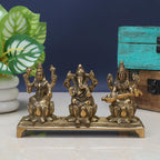 SVARUP Brass Lakshmi Ganesha Saraswati Sitting on Lotus Idol for Diwali Pooja Home Decor 5.5 Inch