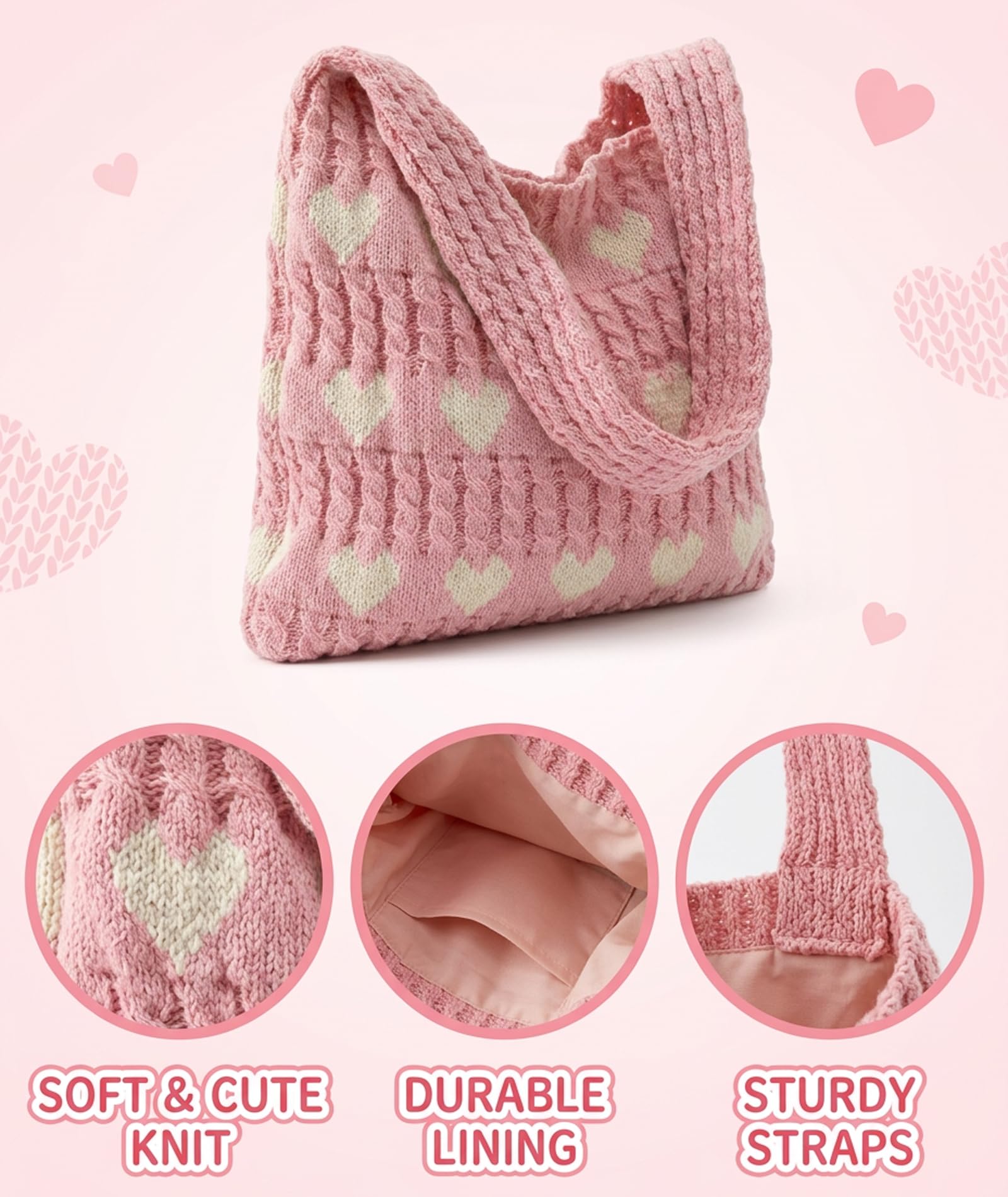 KSAIBINID Crochet Bag, Stylish Tote Bag for Women, Beach Bag for Daily Use and Travel, Pink Woven Openwork Design, Perfect for College Girls and Fashion Enthusiasts