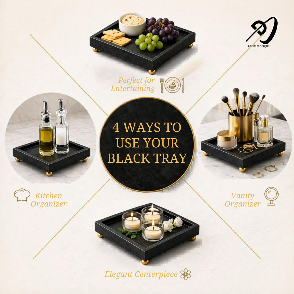 DECORAGE Handmade Black Marble Vanity Tray 20x20x3 cm Multi-Purpose Organizer for Perfumes Cosmetics Jewelry Bathroom Dresser Kitchen Serving Platter Decorative Home Décor Luxury Gift Tray
