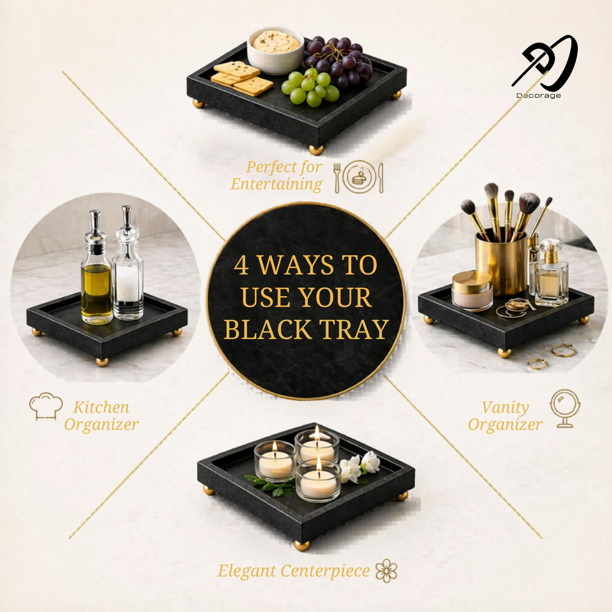 DECORAGE Handmade Black Marble Vanity Tray 20x20x3 cm Multi-Purpose Organizer for Perfumes Cosmetics Jewelry Bathroom Dresser Kitchen Serving Platter Decorative Home Décor Luxury Gift Tray