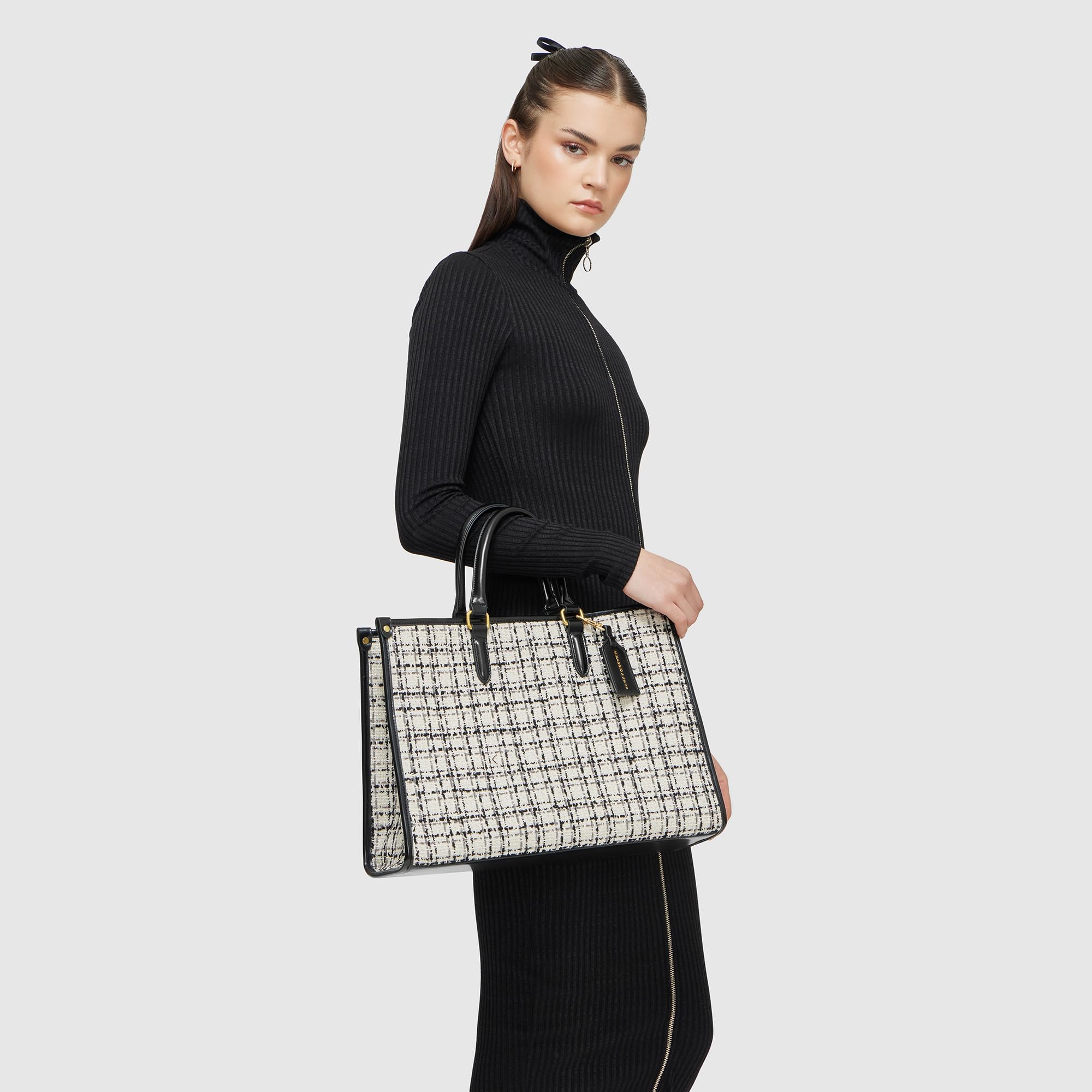 Miraggio Womens Denice Tweed Large Sized Tote Bag With Adjustable & Detachable Sling Strap And Top Handles | Fits Upto 16 Laptop | Tote Bags for Women For Office Use, Work, Tweed White
