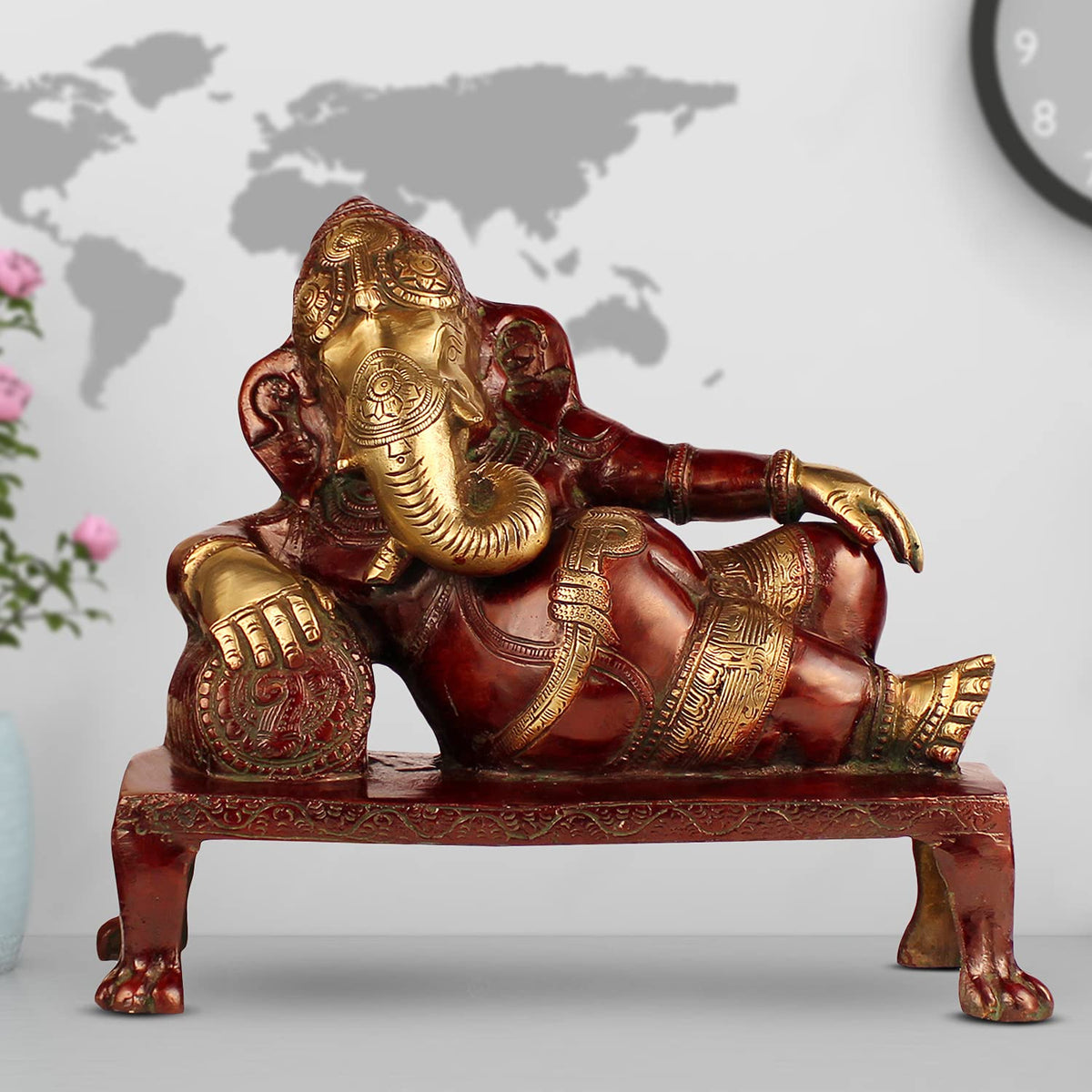 ARTVARKO Brass Ganesh Ganesha Resting on Designer Couch Ganapati Ganpati Murti for Home Decor Entrance Success Office Decoration Showpiece Gift12 Inches.