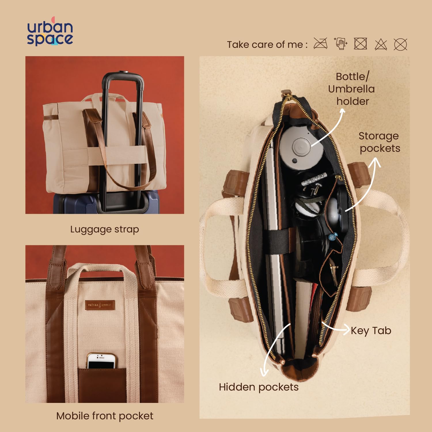Urban Space Women Tote Bag | Canvas Handbag with Zip closure | Tote Bag for Office | Handcrafted Ladies Shoulder Purse for Office | Laptop bag | Padded Laptop space For Upto 16 - Natural Beige
