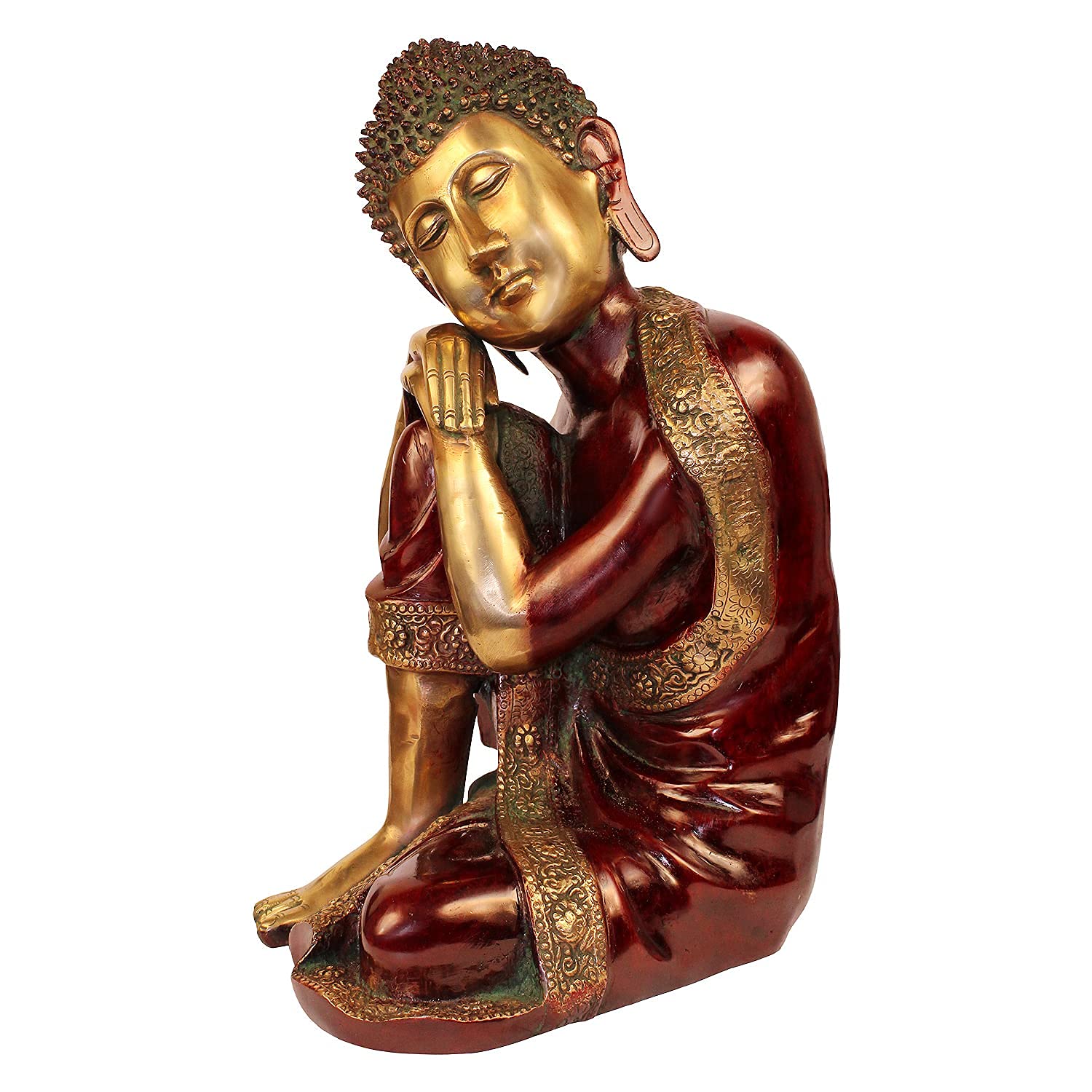 Svarup Brass Resting Buddha Statue with Both Hands on Knee in Dreaming Meditation Height 16 Inch Weight 12.5 Kg Color Brown