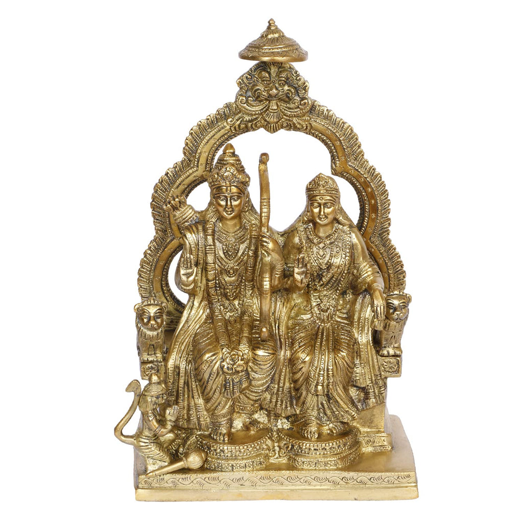 ARTVARKO Brass Siyaram Sita Ram Sitting on Lion Chatra Singhasan with Hanuman ji Idol Murti for Mandir Puja Temple Height 11 Inch.
