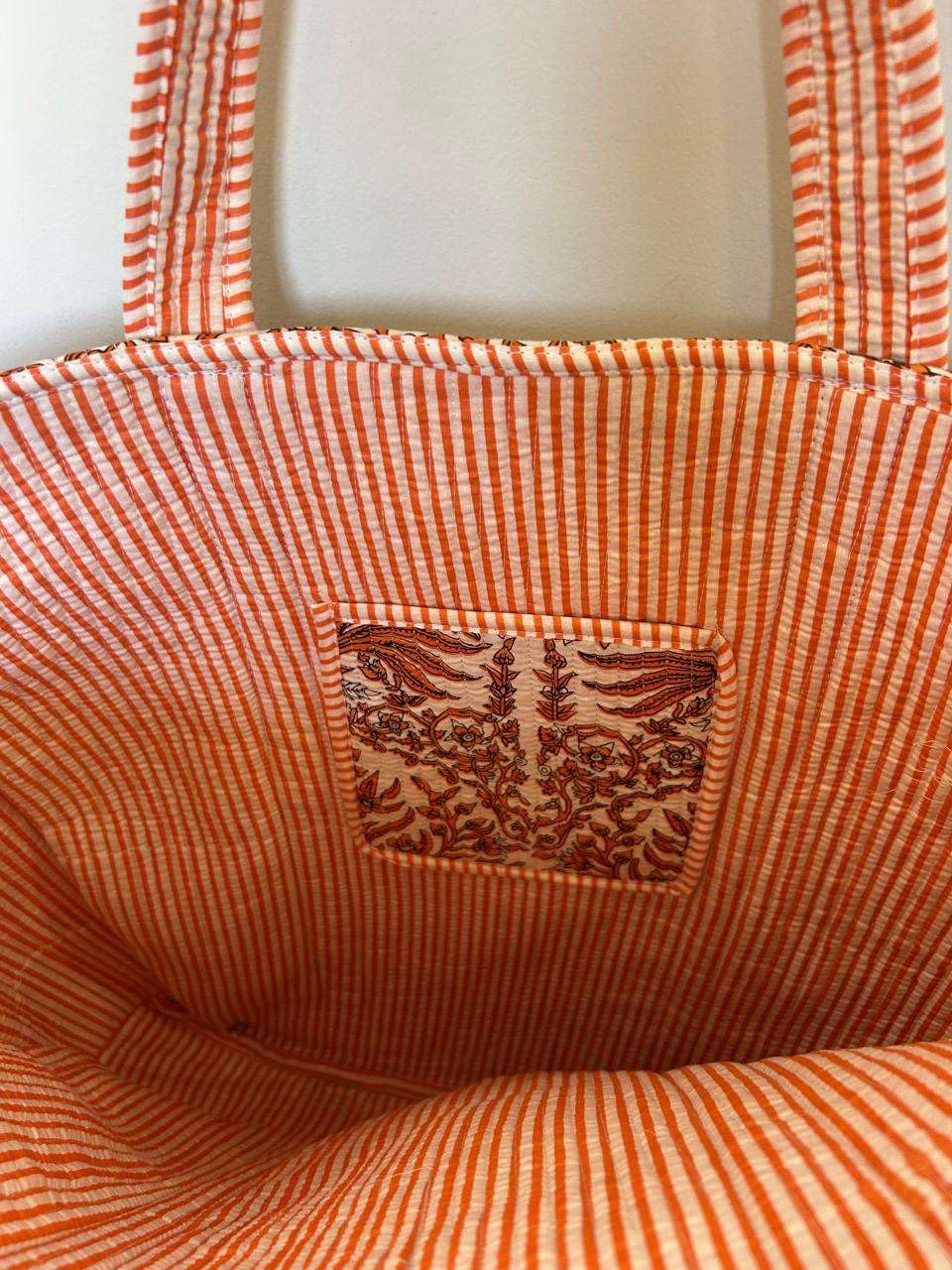 Vaishnav Exports Off-White & Rust Block Print Quilted Cotton Tote Bag for Women | Traditional Floral Shoulder Bag | Eco-Friendly, Reusable Carryall for Grocery, Travel & Daily Use