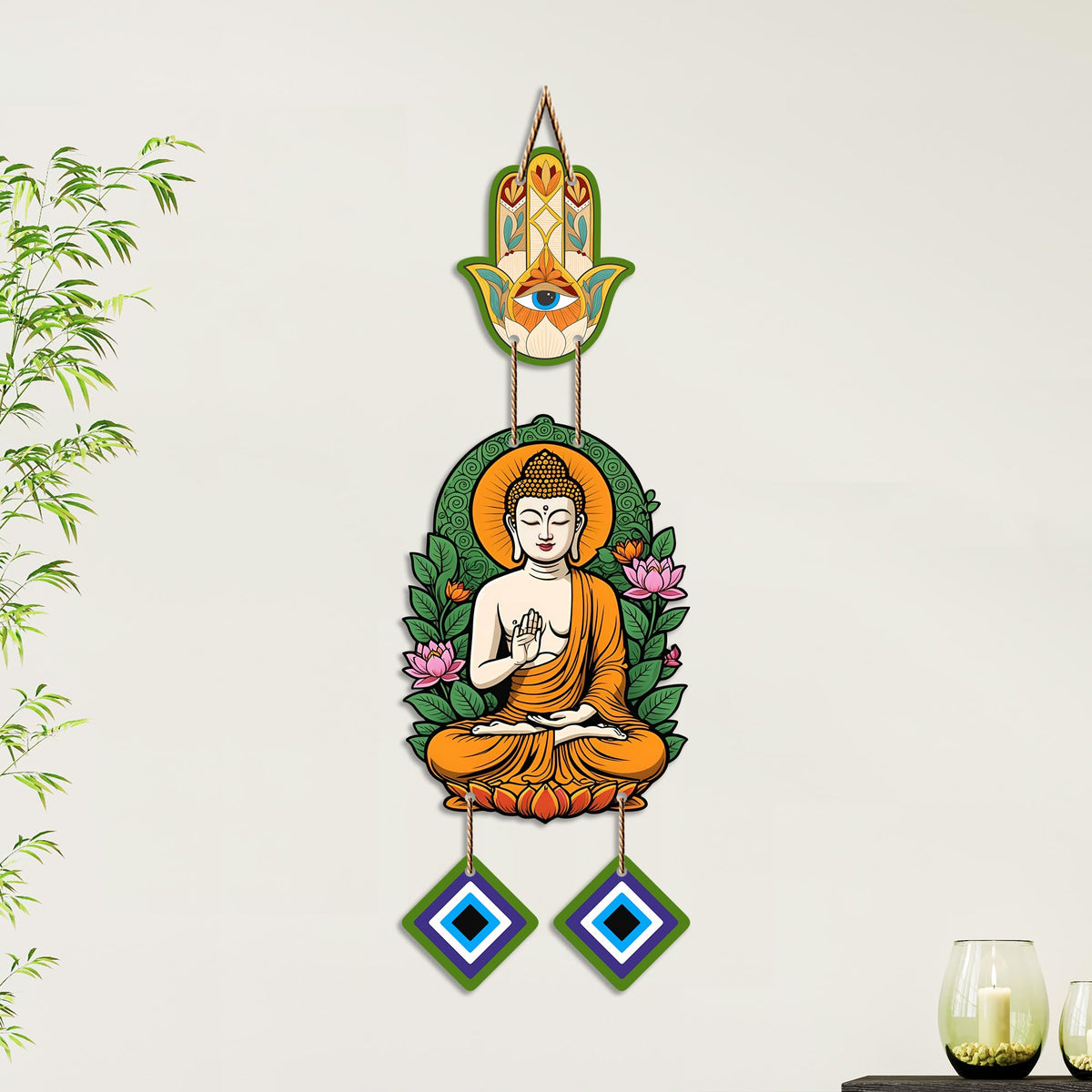 Artvibes Buddha Wall Hanging with Hamsa Hand & Evil Eye Accents | Spiritual Wooden Decor for Meditation | Yoga and Prayer Spaces | Decorative Hanging Ornament for Home Entrance (WH_8596N)