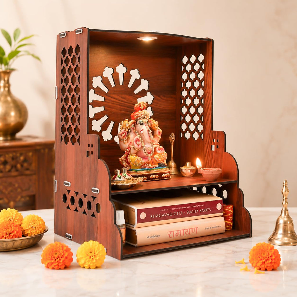 Gift Kya De Wooden Temple for Home | Pooja Mandir with LED Light, Drawer & Shelves | Wall Mounted or Tabletop Mandir with Floral Back Panel Design (DIY - H-15 x L-12 x W-10.5 Inch)