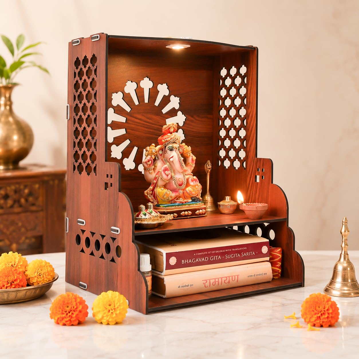 Gift Kya De Wooden Temple for Home | Pooja Mandir with LED Light, Drawer & Shelves | Wall Mounted or Tabletop Mandir with Floral Back Panel Design (DIY - H-15 x L-12 x W-10.5 Inch)