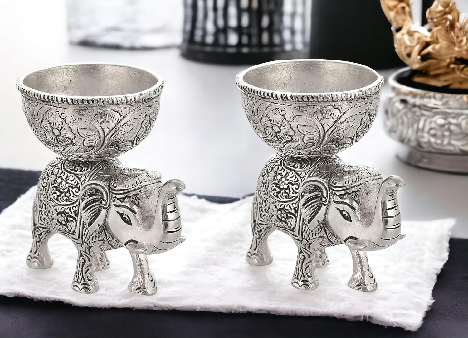 KridayKraft Metal Elephant Dry Fruit Bowl Showpiece Silver Polish for Your Home,Office Table Decorative,Elephant Showpiece Bowl Set (2 Pcs) for Gift,Animal Figurines...