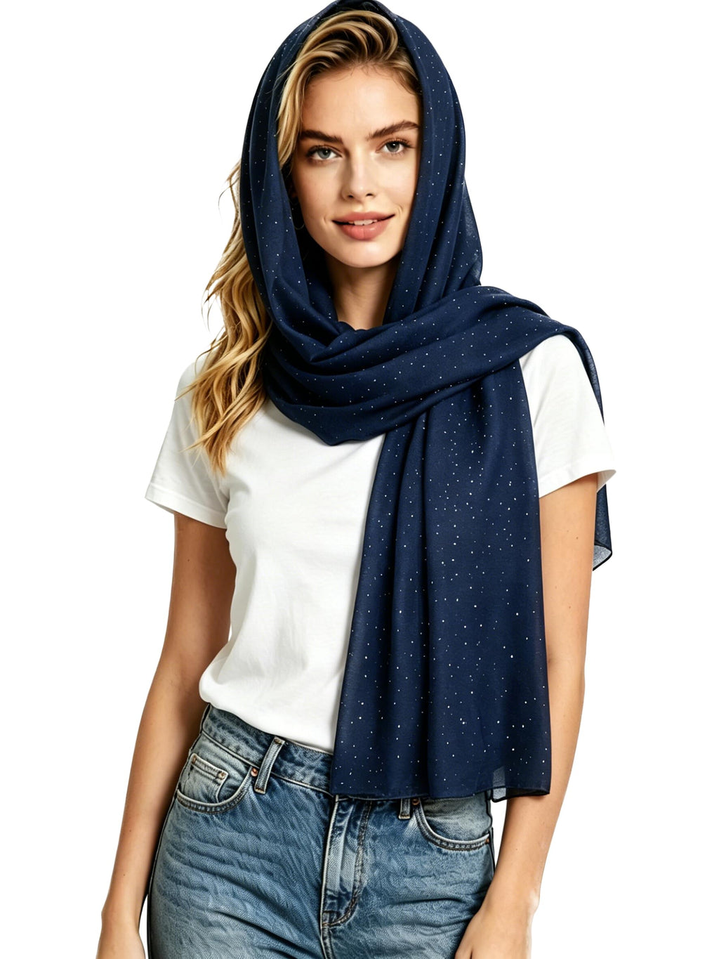 Lina & Lily Solid Shimmer Sparkle Glitters Sheer Maxi Shawl Head Scarf Hijab (#16 NAVY BLUE)