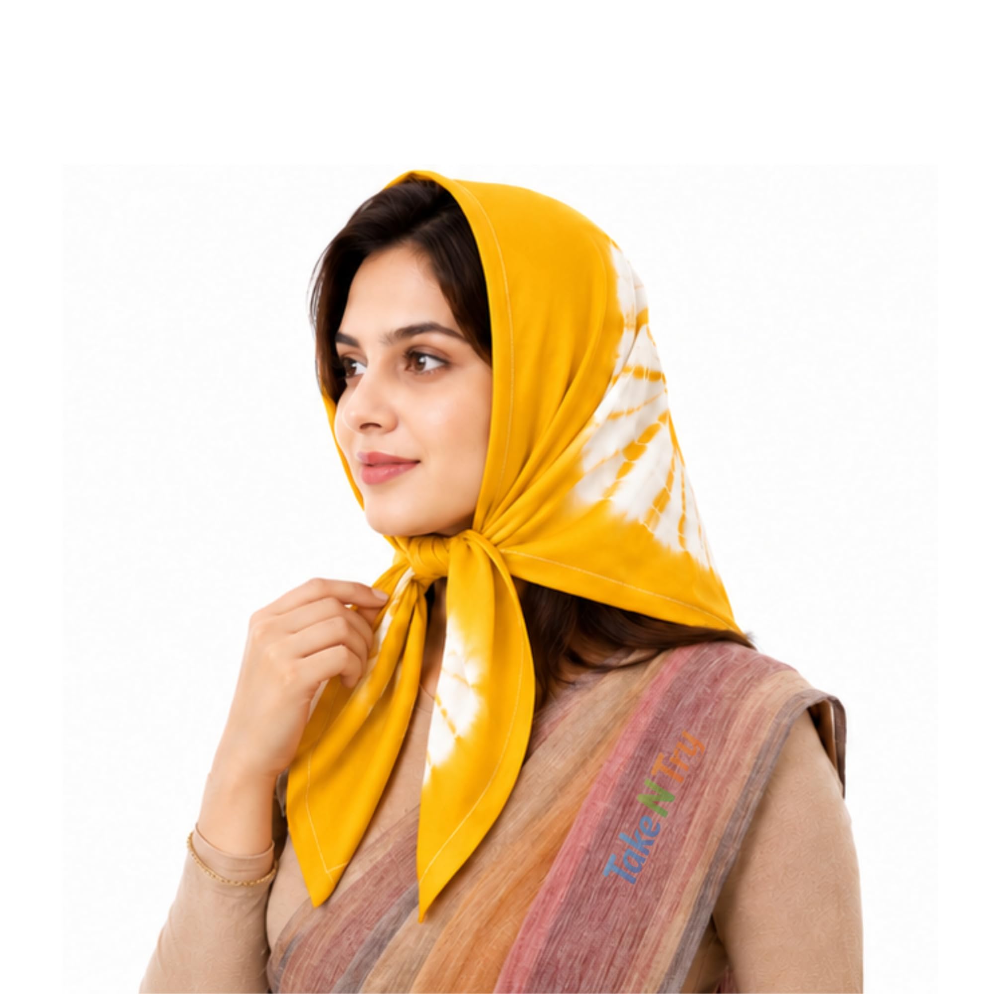 Take N Try Women’s Satin Head Scarf, Square Hair Wrap Cotton Bandana for Head, Neck & Hair, Daily Use, Travel & Ethnic Outfit, 30x30 Inch Fashion Printed Scarves for Female & Ladies Gift (Yellow)