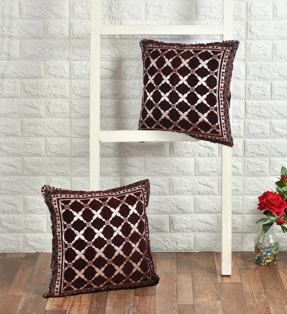 DECOMIZER Jacquard Geomteric Cushion Covers 24 Inch X 24 Inch Set Of 2 Ethnic Motifs 240 TC Cushion Covers,Design- Criss-Cross,Color- Coffee