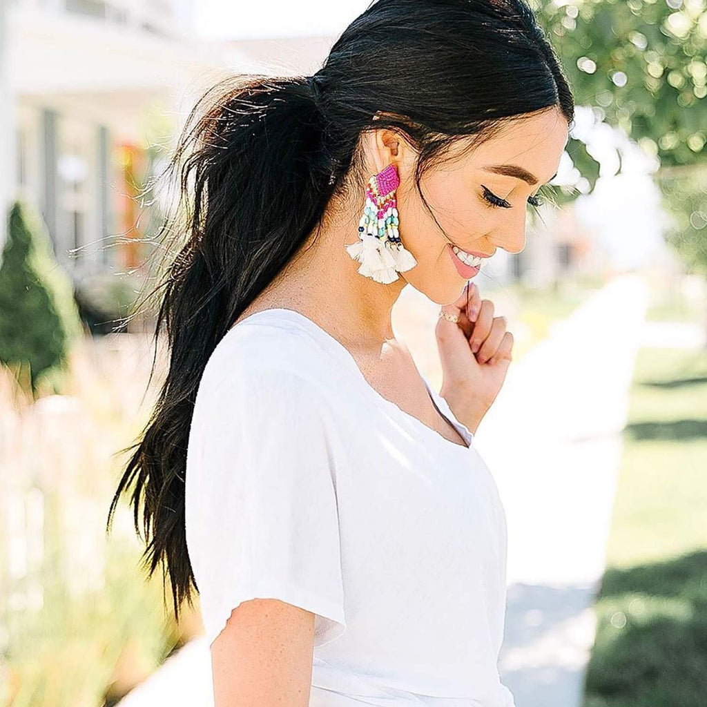 Young & Forever Gift Women's Special Boho Carnival Sea Island Long Tassel Handmade Pink Statement Beads Dangle Earrings Ethnic Jewelry