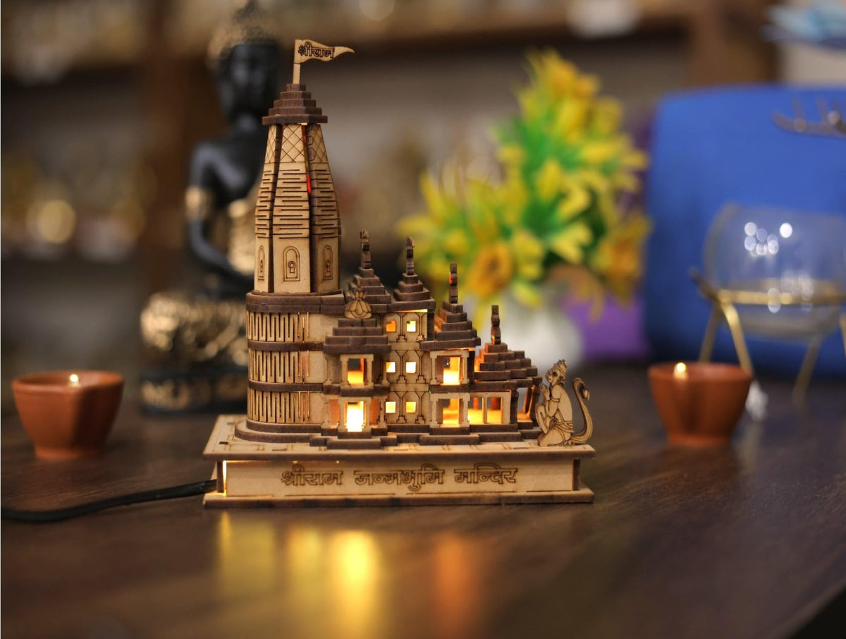A & S VENTURES Shree Ram mandir Ayodhya Wood Temple Model for Home/Office/Shop and Home Decoration with Light.