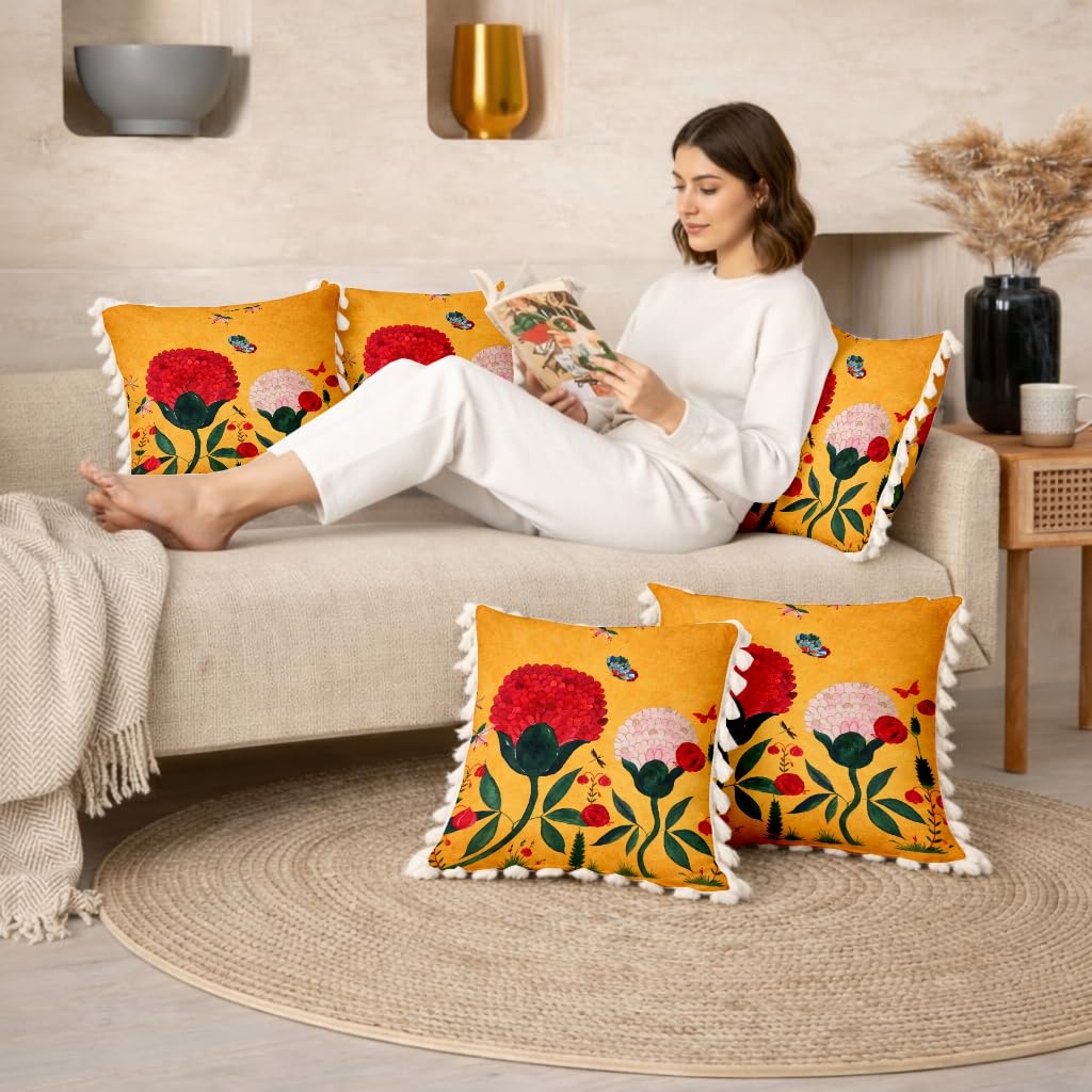 STITCHNEST 'Little Meadow Series' Tassled Cushion Cover | Set of 5 | Floral Cushion Cover 16 inch x 16 inch