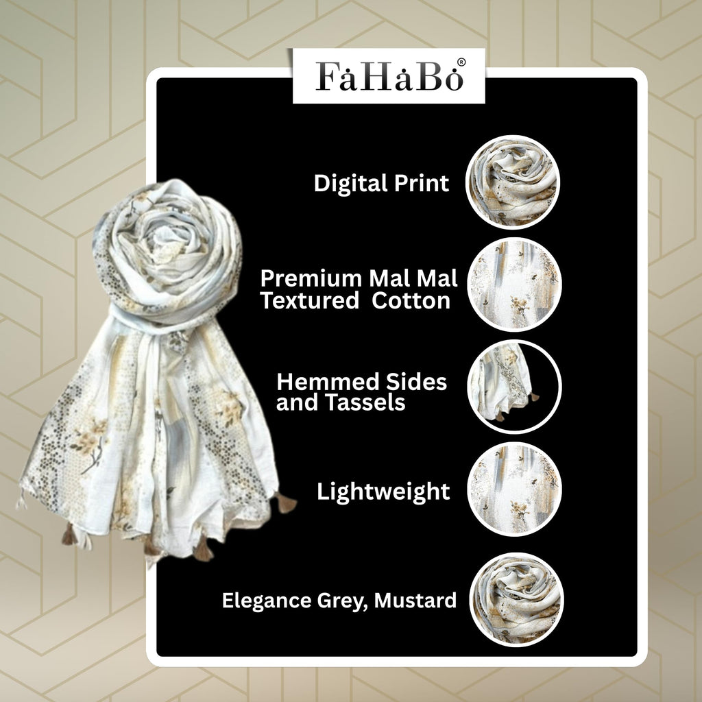 FAHABO Scarf Woman Floral Print Premium Mal Mal Textured Cotton Scarves with Tassels | Hijab Scarf | Headscarf | Neck Scarf | Stoles | Wraps | Size 71 L x 33 W (Elegance Grey, Mustard)