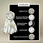 FAHABO Scarf Woman Floral Print Premium Mal Mal Textured Cotton Scarves with Tassels | Hijab Scarf | Headscarf | Neck Scarf | Stoles | Wraps | Size 71 L x 33 W (Elegance Grey, Mustard)