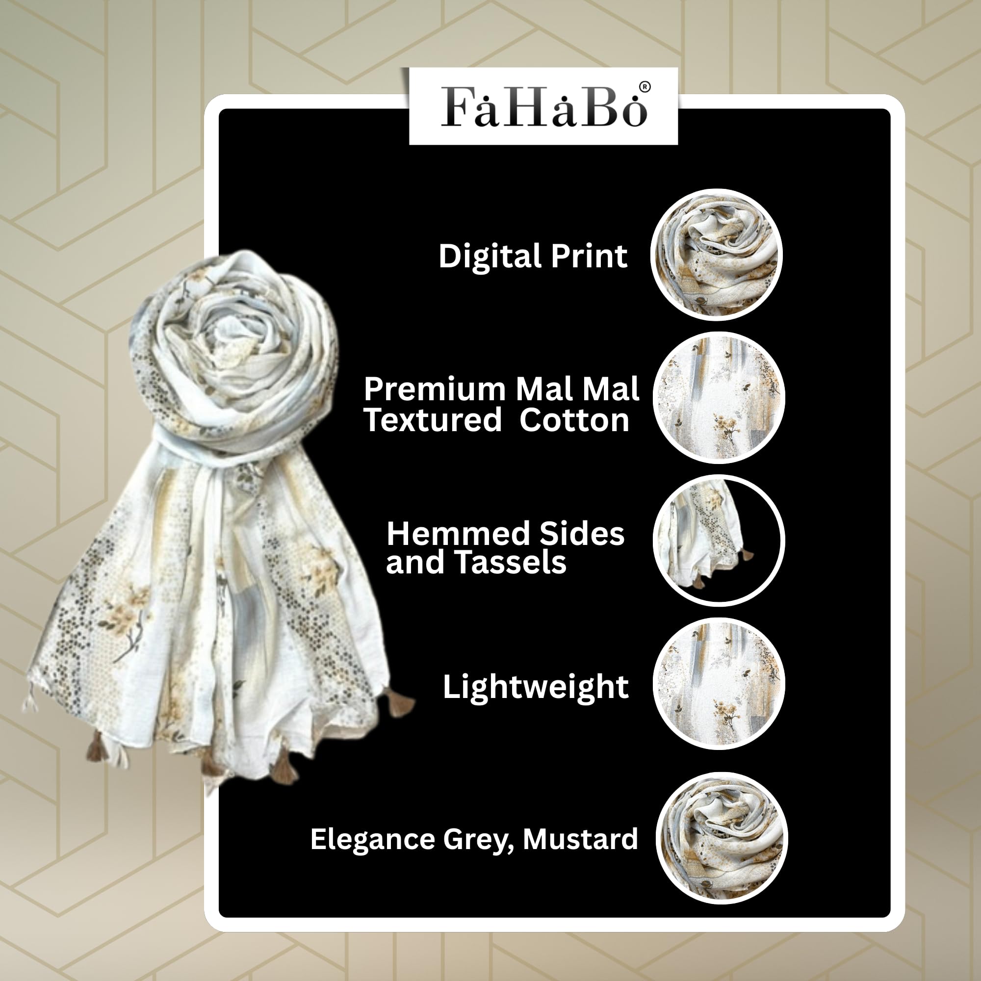 FAHABO Scarf Woman Floral Print Premium Mal Mal Textured Cotton Scarves with Tassels | Hijab Scarf | Headscarf | Neck Scarf | Stoles | Wraps | Size 71 L x 33 W (Elegance Grey, Mustard)
