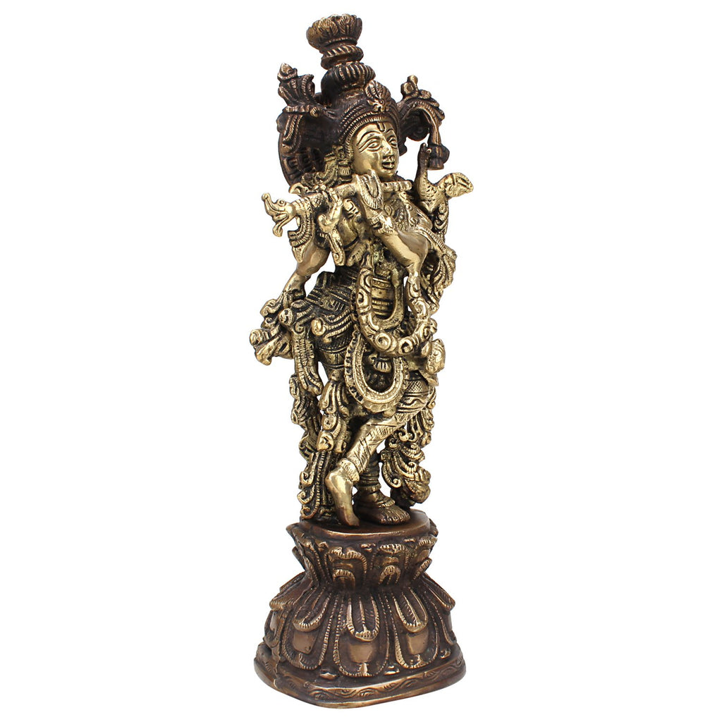 ARTVARKO Antique Brass Lord Krishna Bhagwan Statue for Home Entrance Gallery Murti Puja Decor Religious Showpiece Gift Large Idol Height 13 Inches