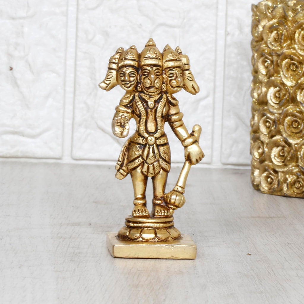 ARTVARKO Panchmukhi Bajrangbali Sankat Mochan Standing Hanuman Small Brass Idol Statue Murti for Home Office Entrance Decor Temple Puja 3.5 Inch