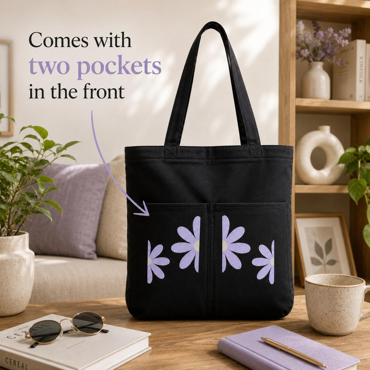 Suryatra Lavender Daisy Noir Canvas Tote Bag for Women & Men | Premium Cotton Canvas Shoulder Bag with Dual Front Pockets | Tote Bag for Office, College, Shopping & Travel | Black | 14 x 16 Inches