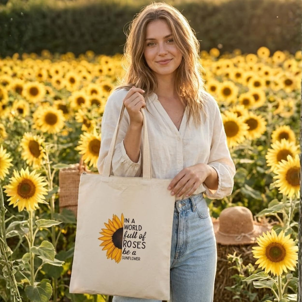 Canvas Tote Bags For Women, Sunflower Print Canvas Tote Bags with Zip, 100% Organic Cotton Tote Bag for Shopping, Travel & beach bags