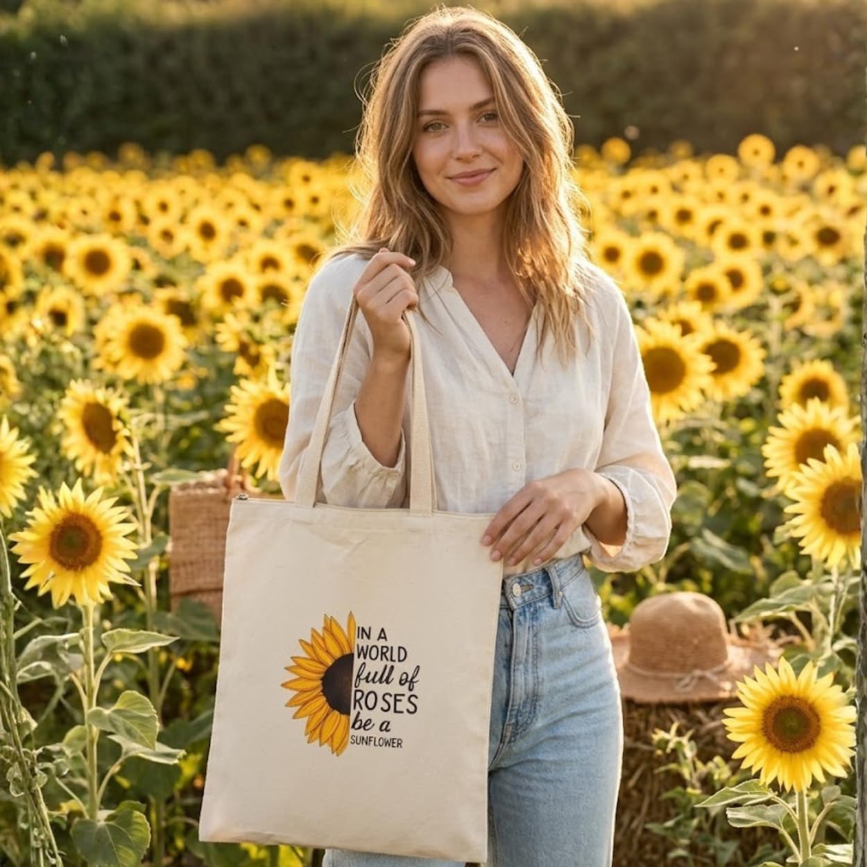 Canvas Tote Bags For Women, Sunflower Print Canvas Tote Bags with Zip, 100% Organic Cotton Tote Bag for Shopping, Travel & beach bags
