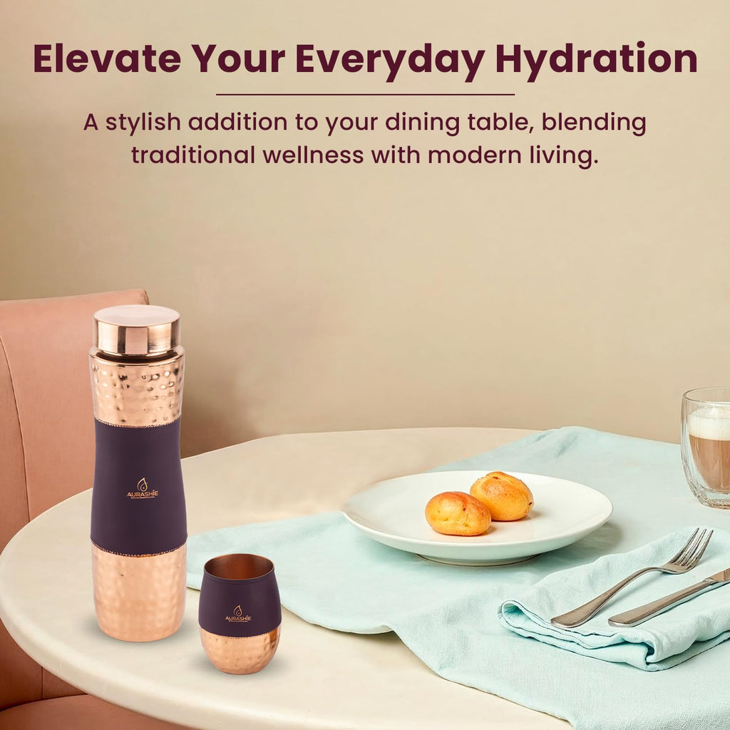 AURASHIE Pure Copper Drinkware Gift Set of 1 Bottle & 2 Glasses with Box | Pure Hammered Copper Drinkware | Gift Set for Birthday, Parties, Weddings & Festivals (Bergandi Grip Sleeve)