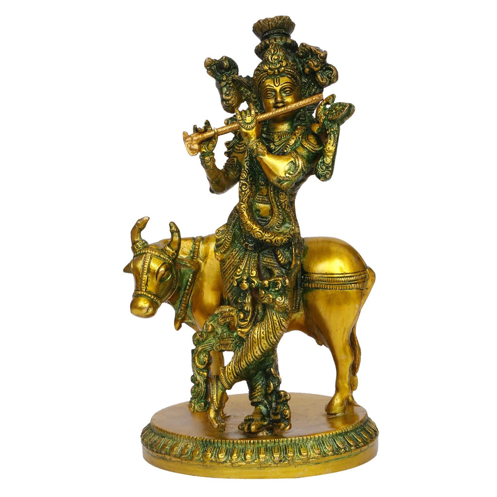 ARTVARKO Brass Krishna with Cow Standing Playing Flute Idol Statue Mandir Puja Office Home Décor Gift 10 Inches