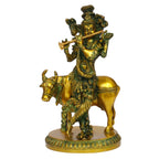 ARTVARKO Brass Krishna with Cow Standing Playing Flute Idol Statue Mandir Puja Office Home Décor Gift 10 Inches