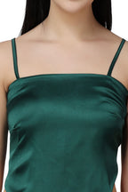 Popwings Women Casual Dark Green Satin Scarf Knot Solid Crop Top