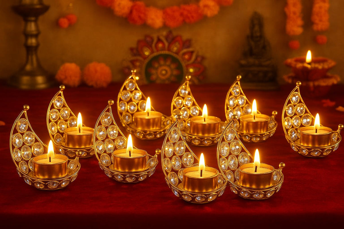 CentraLit Moon Tea Light Holder, Candle Holder, Crystal Candle Holder, Metal Lanterns, Table Decoration for Wedding Party, Ramadan, Diwali Decoration (Gold, Gold (Pack of 6))