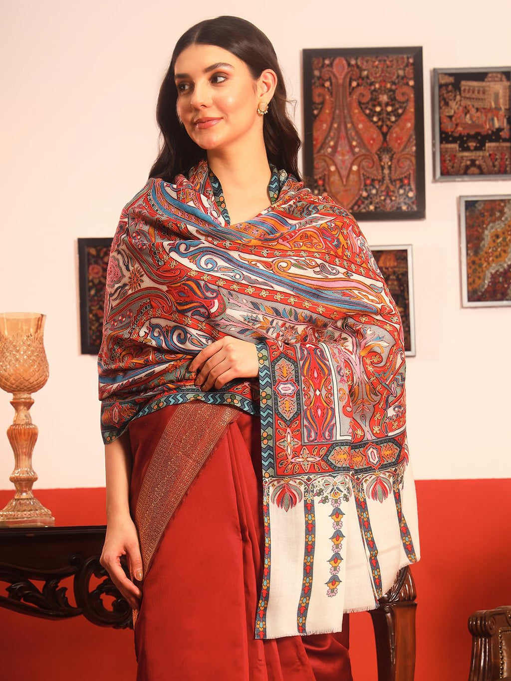Pashmoda Women Rangrez Rangkalam 100% Pure Wool Fabric Kalamkari Embroidered Shawl (Size: 40x80in, 101x203cm) KAS23