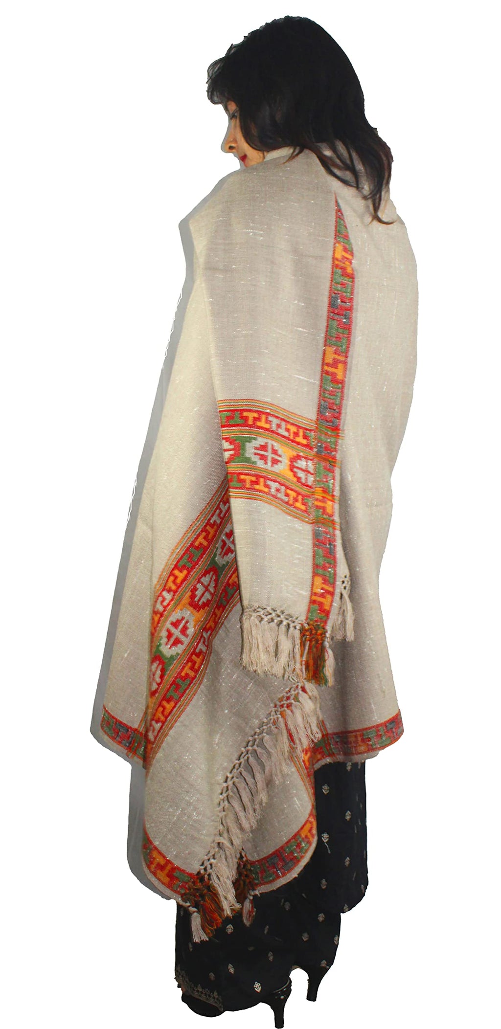 Genuine HandWoven Kullu Woolen Shawl LIGHT GREY- Colored with Beautiful HandWoven Embroidery for Women and Girls.