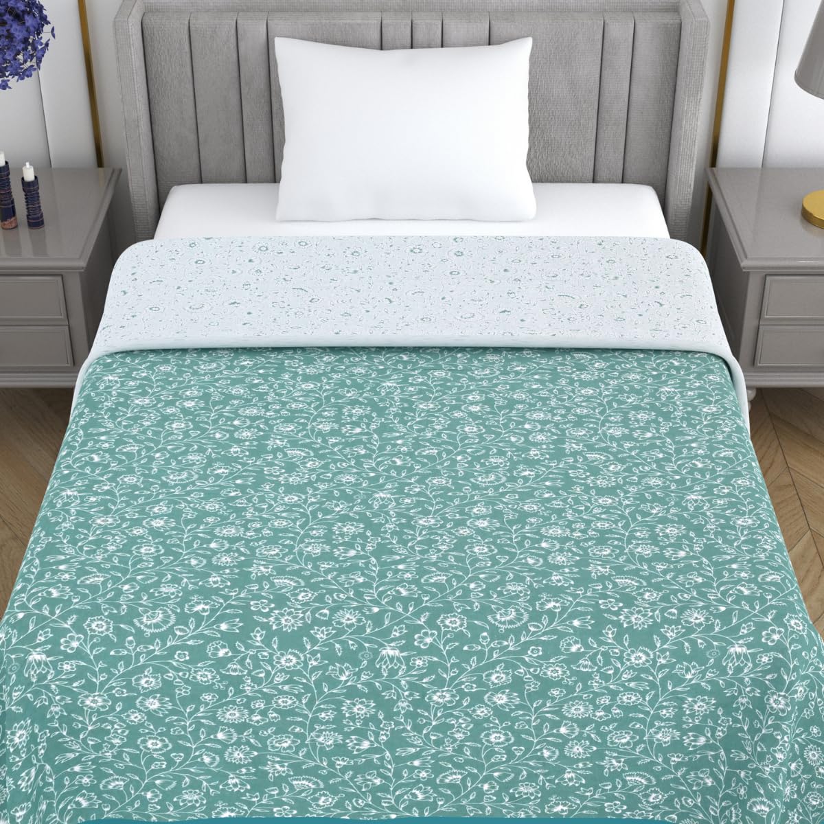 Mafatlal Sparsh Dohar Single Bed, 150 GSM Pure Cotton Malmal, Reversible AC Blanket, Soft & Breathable Cotton Blanket for Summer, Monsoon & Winter, 147 x 223 cm, Muted Teal Green & Ivory Kafalo